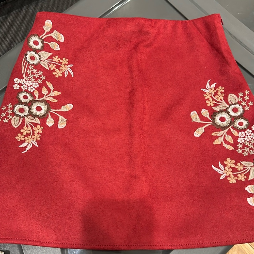 Faux suede embroidered mini skirt